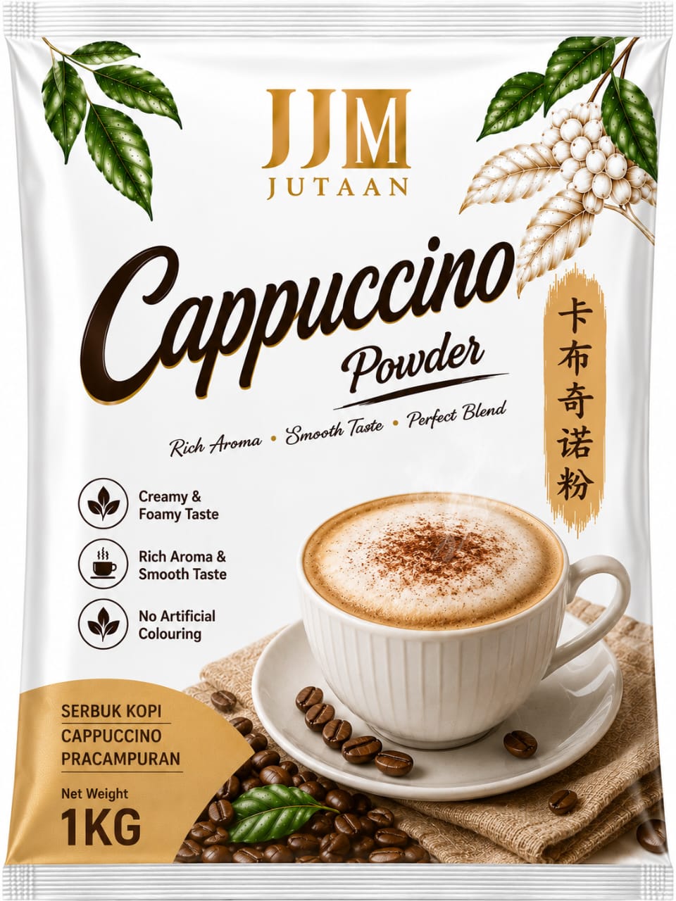 Cappuccino premix powder in a 1kg foil bag