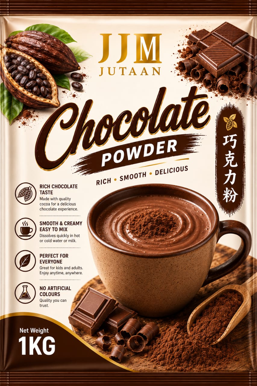 Chocolate premix powder in a 1kg foil bag