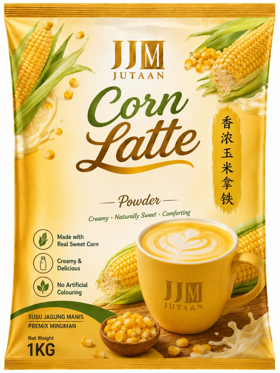 Corn Latte premix powder in a 1kg foil bag