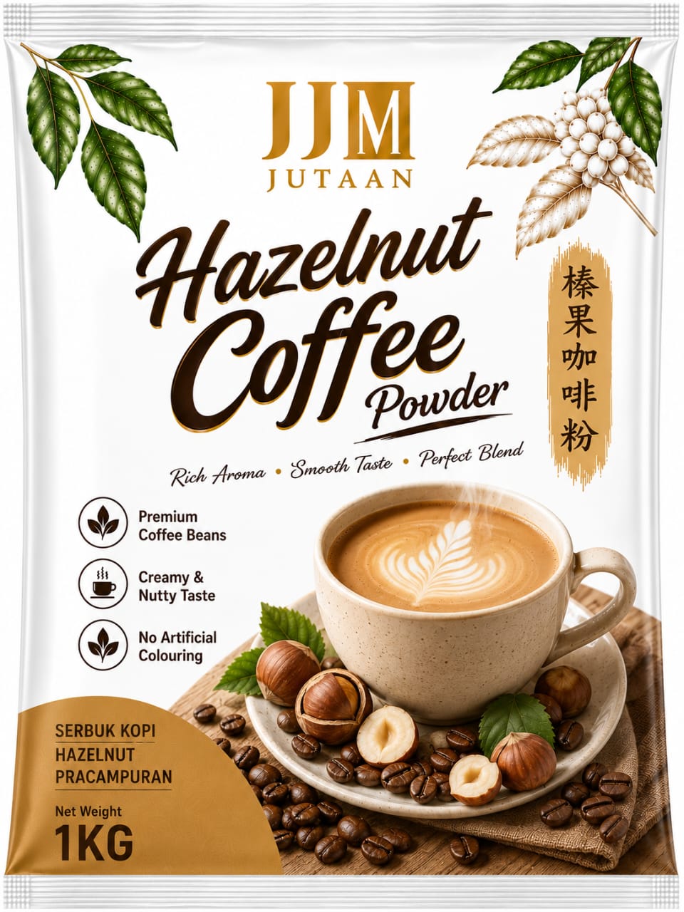 Hazelnut Coffee premix powder in a 1kg foil bag