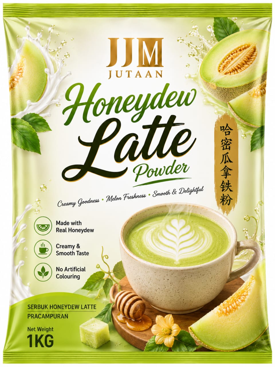 Honeydew Latte premix powder in a 1kg foil bag