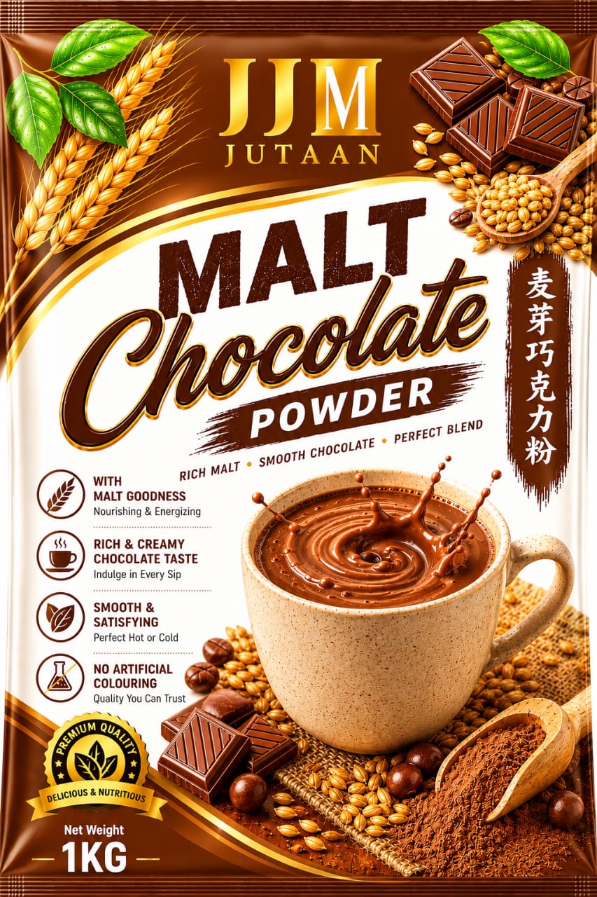 Malt Chocolate premix powder in a 1kg foil bag