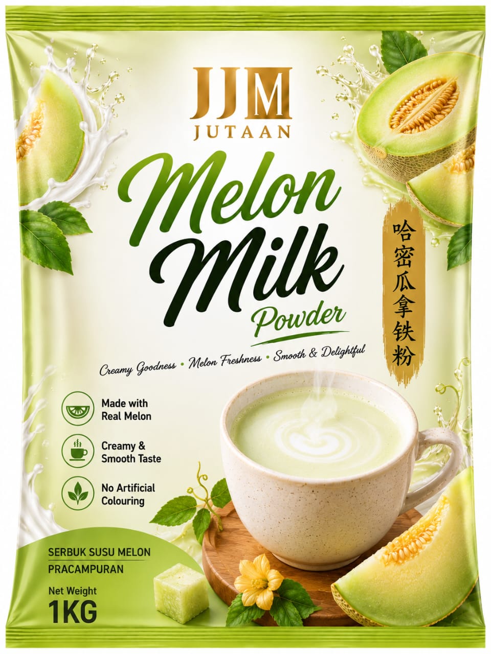 Melon Milk premix powder in a 1kg foil bag