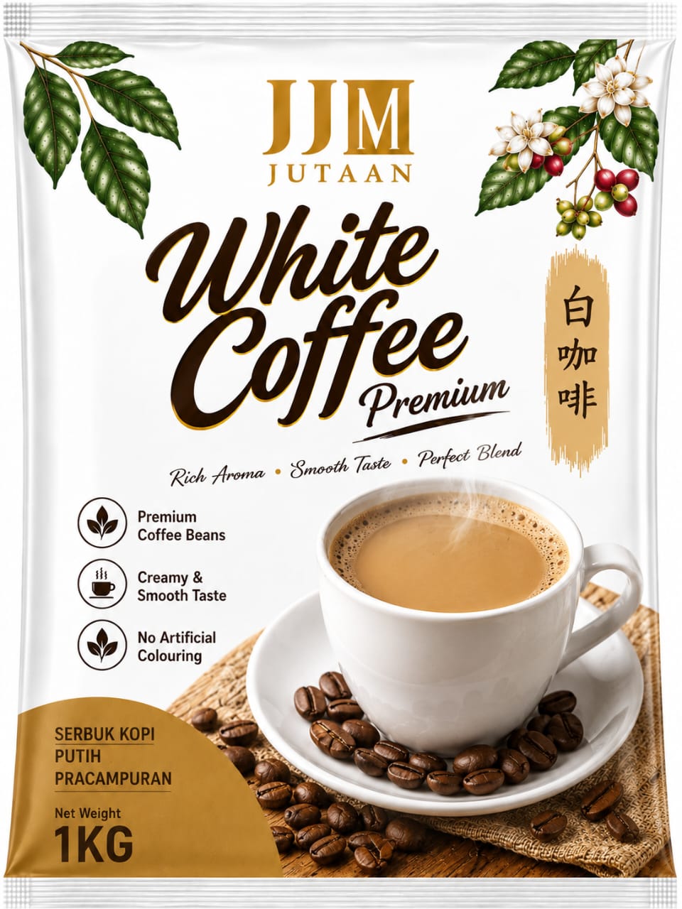 White Coffee premix powder in a 1kg foil bag